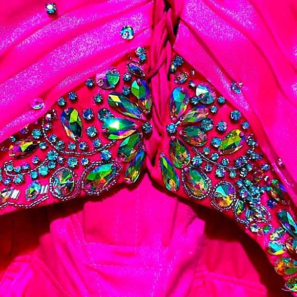 Strapless Pink PROM DRESS WITH IRIDESCENT EMBROIDERED bodice with ruffle bottom. - Picture 10 of 11